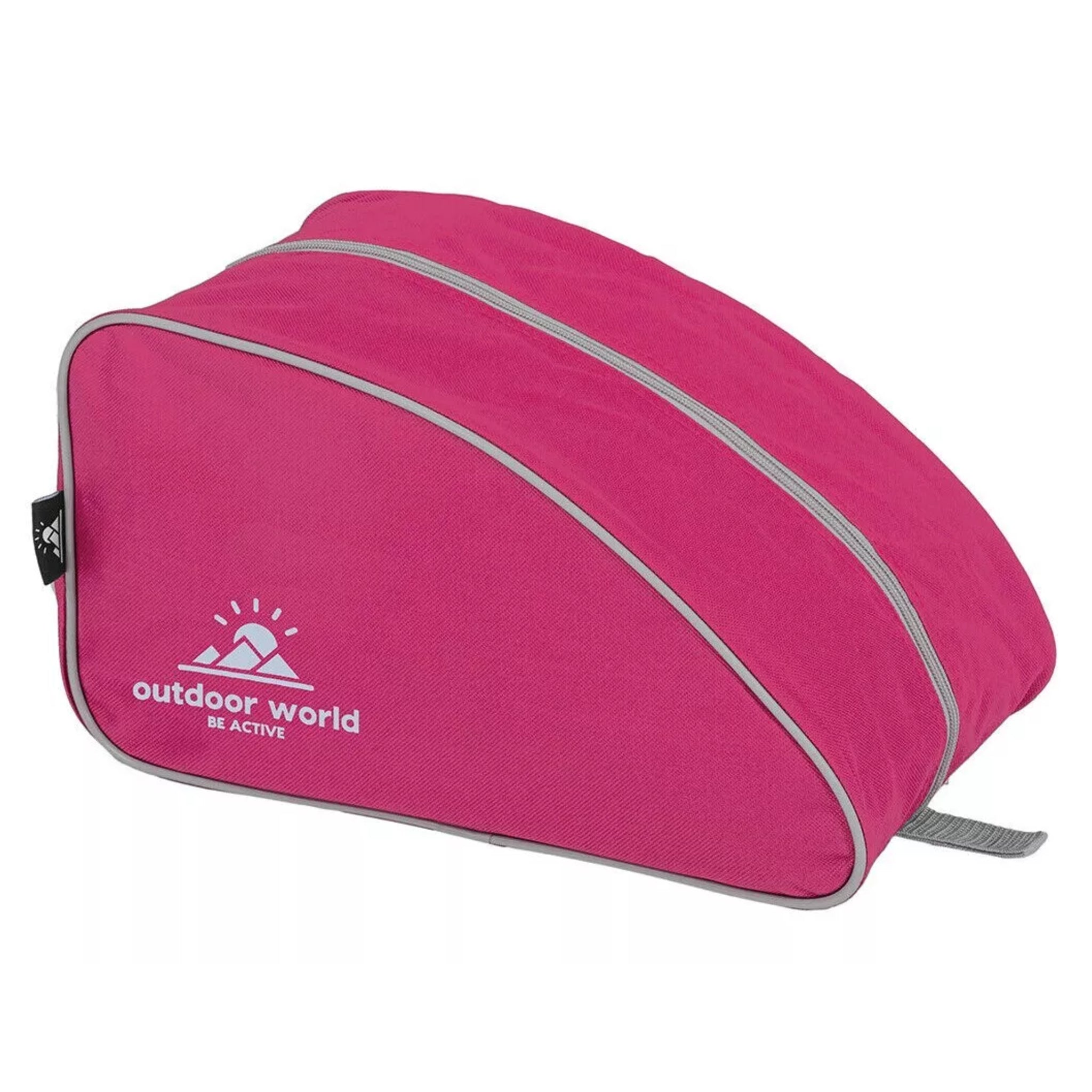 Outdoor World branded waterproof boot bag in pink with 2-way zip, strong carry handle, and durable 600D fabric ā ideal for hiking, sports, and travel